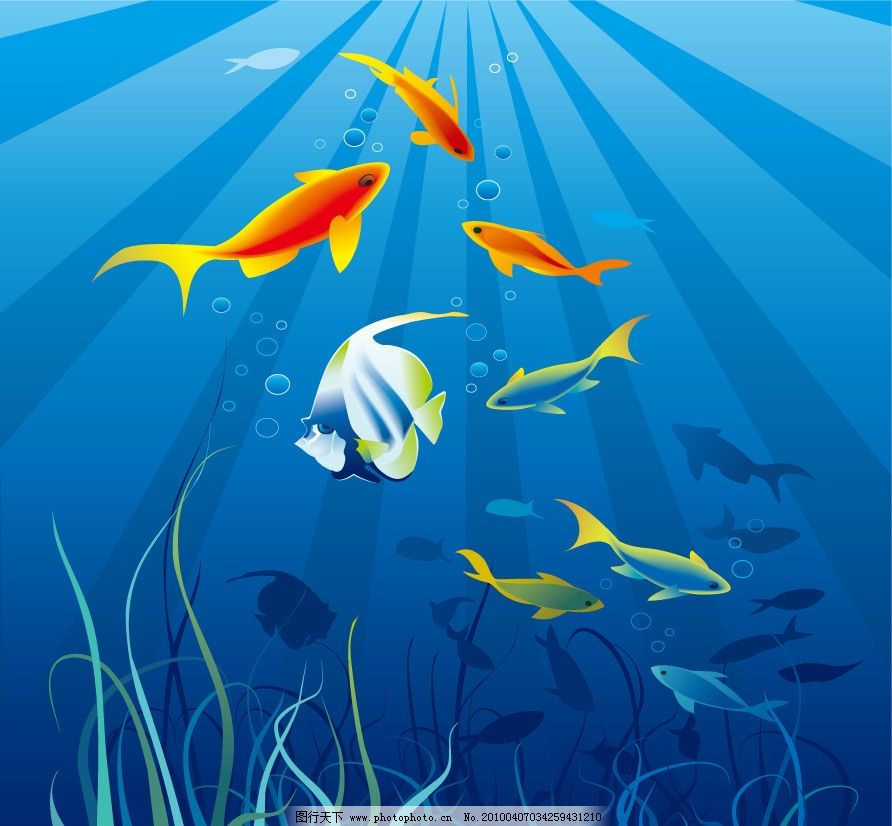 奇妙海底世界 海底世界 鱼类 海洋生物 气泡 光芒 海草 矢量素材 EPS格式 金鱼 色彩斑斓 大海 海底 海洋世界 花草 海藻 贝壳 水泡 泡泡 光线 线条 剪影 阴影 奇妙 多彩 蓝色 卡通场景 卡通风景 卡通动物 卡通鱼 海水 水 流水 流动 动感 生物世界 矢量 EPS
