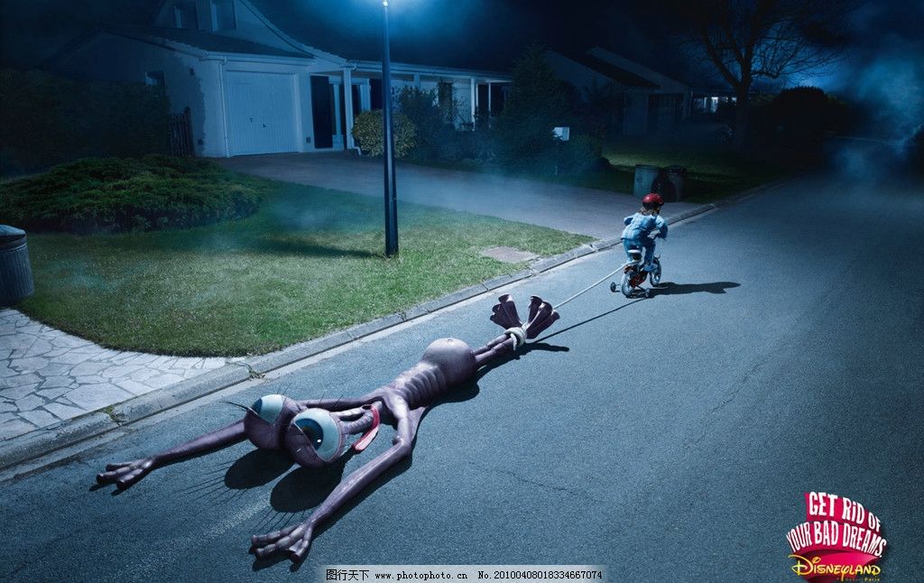 科幻图片,科幻外星人 小孩 自行车 夜晚 马路 动
