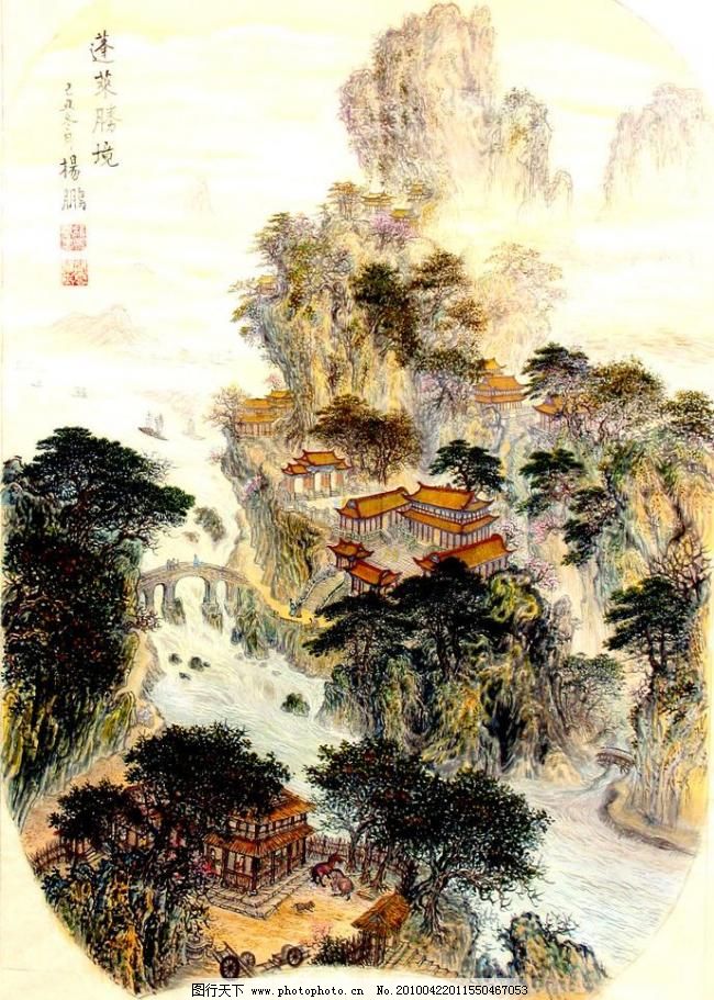 冷暖高山工笔画房屋图库-图行天下国画古人设计院图片