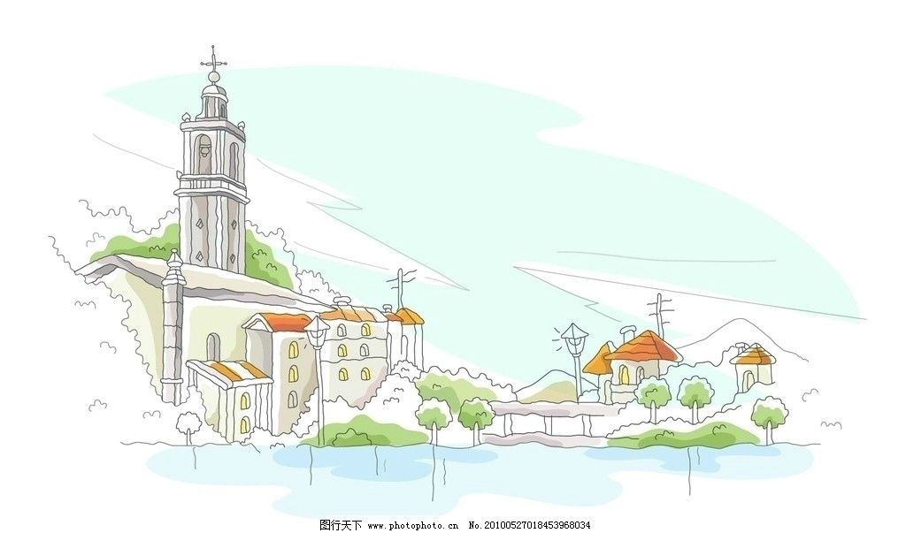城市 风景漫画 城市风景 手绘 手绘城市 教堂 动漫动画 设计 72dpi jp