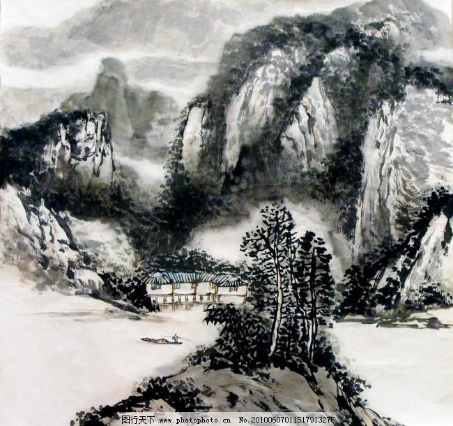 山水画房屋,船图片绘画国画艺术船家v房屋稿画怎么图片